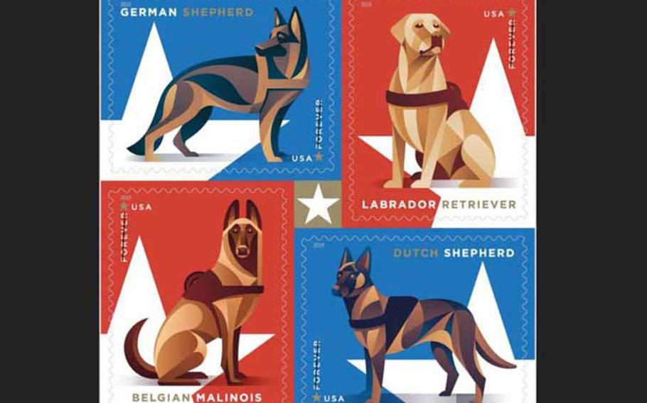 The U.S. Postal Service will issue 2019 stamps featuring military working dogs. (U.S. POSTAL SERVICE)