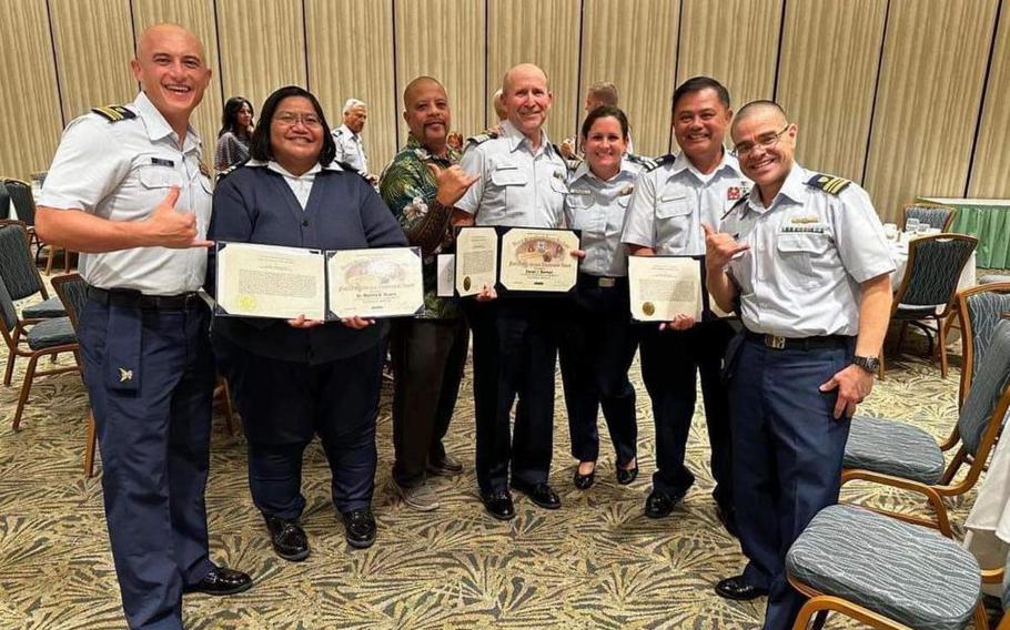 The U.S. Coast Guard Auxiliary Guam Flotilla, 140-02-24, receives several top honors at an annual conference and awards banquet held in Honolulu, Hawaii, on March 6, 2023. The flotilla was selected as the best in the region and received the Meritorious Achievement Medal for outstanding performance of duty from Jan. 15 to Dec. 15, 2022, among other team and individual awards. (U.S. Coast Guard photo)