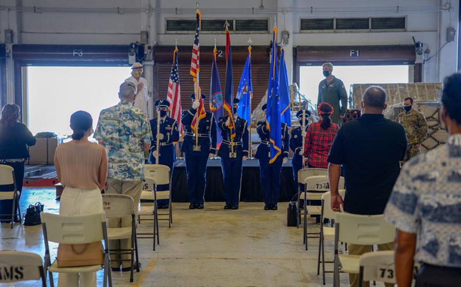 Members of the 36th Wing base honor guard present the colors at the Operation Christmas Drop “Push” Ceremony at Andersen Air Force Base, Guam, Dec. 7, 2020. Operation Christmas Drop is the world’s longest running airdrop training mission, allowing the U.S. and its allies to deliver food, tools and clothing to the people who live on remote islands surrounding Guam. (U.S. Air Force photo by Staff Sgt. Divine Cox)