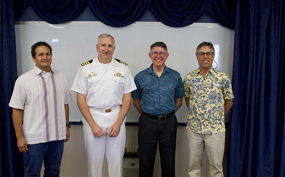 (From left) GWA General Manager Miguel C. Bordallo, P.E., NAVFAC Commanding Officer Capt. Troy M. Brown, UOG President Thomas W. Krise, and USGS Pacific Islands Water Science Center Director John P. Hoffman. Photos courtesy of the University of Guam