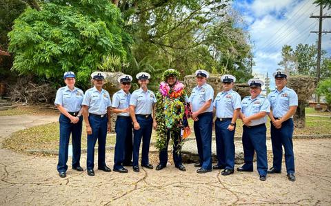 Photo Of Chief Petty Officer Luis Reyes Blas stands with fellow chiefs on March 26, 2024, at Latte Stone Park, Guam. 
