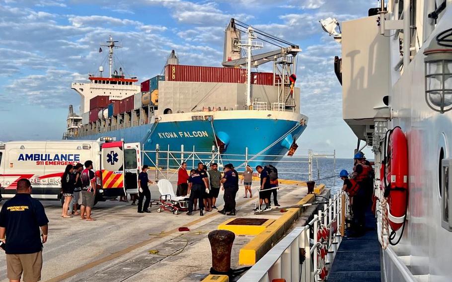 The USCGC Oliver Henry (WPC 1140) crew, with assistance from the Commonwealth of the Northern Mariana Islands Department of Fire and EMS, transfers a 30-year-old man with head and neck injuries from Alamagan Island to Saipan arriving on May 8, 2023. The crew safely embarked the man and delivered him to awaiting emergency medical personnel in Saipan in stable condition. Alamagan is 140 nautical miles north of Saipan. (U.S. Coast Guard photo by Petty Officer 2nd Class Breandan Muldowney)