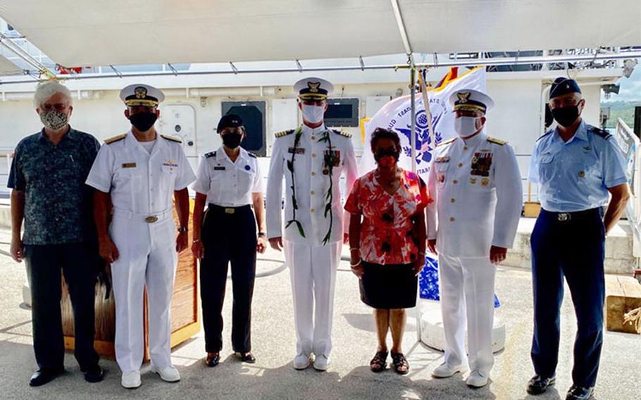 Coast Guard Sector Guam welcomed its new commander as Capt. Nicholas Simmons assumed command from Capt. Christopher Chase during a change of command ceremony at Sector Guam, June 3, 2021. The ceremony was presided over by Rear Adm. Matthew Sibley, commander, Coast Guard 14th District. (U.S. Coast Guard photo courtesy of Coast Guard Sector Guam/Released)