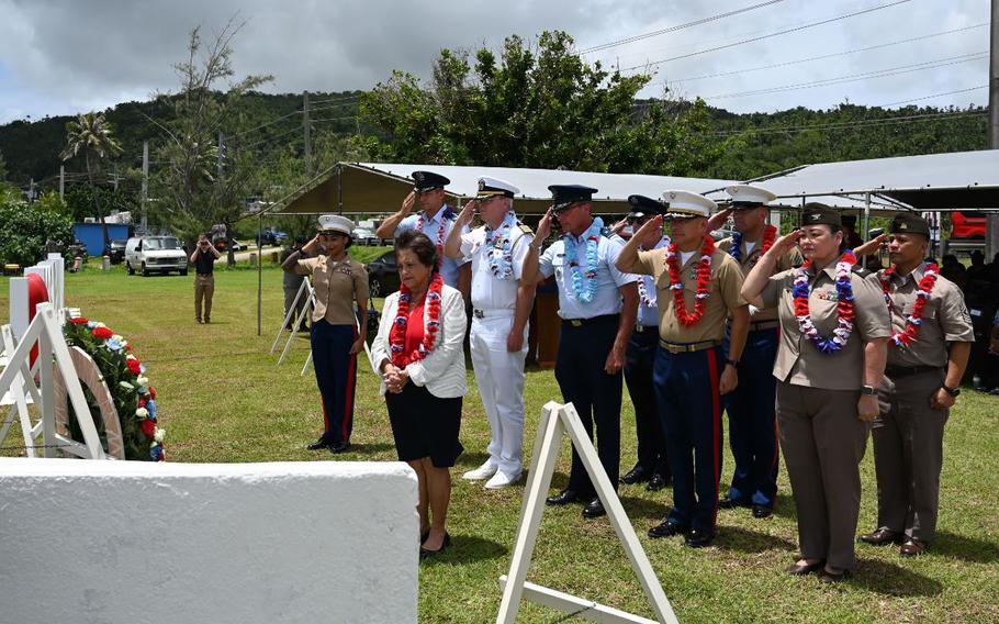 U.S. military officials alongside the Honorable Lourdes Leon Guerrero, governor of Guam, pay their respects during a wreath laying ceremony at the Assan Memorial Beach Park, Guam, July 15, 2024. The ceremony was held as part of the 80th Guam Liberation Day week of events which will culminate with a parade on July 21, 2024.