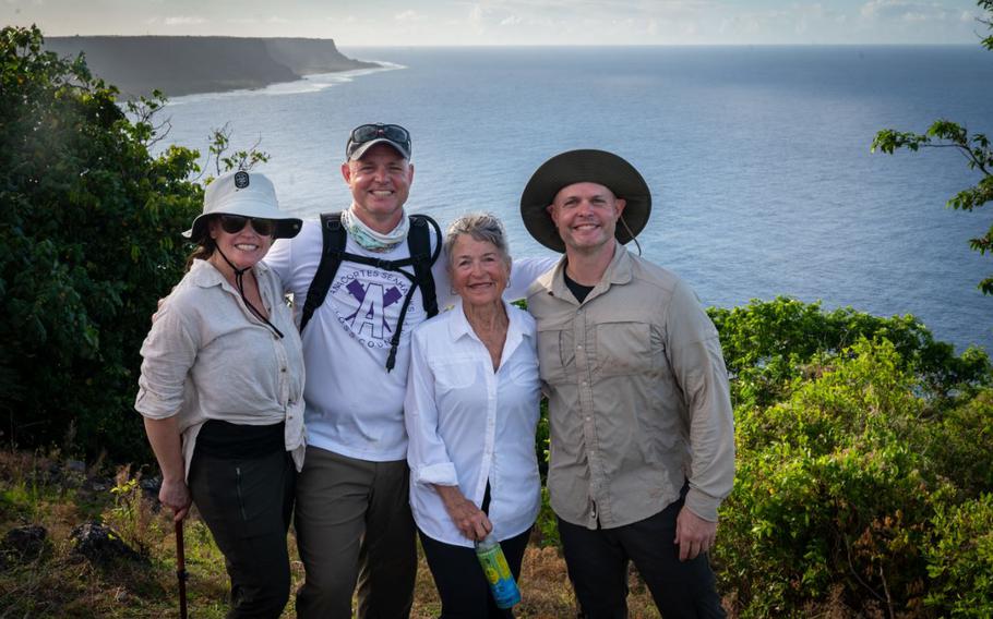 From left, Caitlin, J.T., Liz, and Matt Pianetta pose for a photo at Tarague Overlook on Andersen Air Force Base, Guam, April 11, 2025. The family came to Guam to visit the B-29 “Colleen” crash site located in the jungles below the overlook. This crash site would be where Capt. Carl Bauer, Liz’s uncle, perished in a tragedy involving engine troubles and bad weather. 2025 marks the 80th anniversary of the accident, Liz decided it was her turn to make the journey, following in the footsteps of other family members who have visited in past years.
