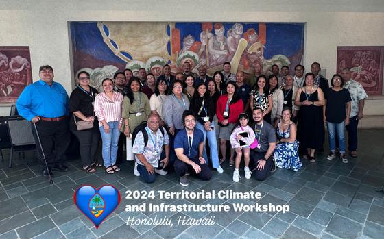 Photo Of Representatives from various Guam agencies pose for a photo during the 2024 Territorial Climate and Infrastructure Workshop. Listed in no particular order:
Office of the Governor of Guam, Guam Power Authority, Guam Waterworks Authority, Office of Infrastructure Policy and Development, Guam State Clearinghouse, Guam Energy Office, Guam International Airport Authority, University of Guam, Department of Public Works, Department of Agriculture, Environmental Protection Agency, Bureau of Statistics and Plans, Climate Change Resiliency Commission, and Community Defense Liaison Office.