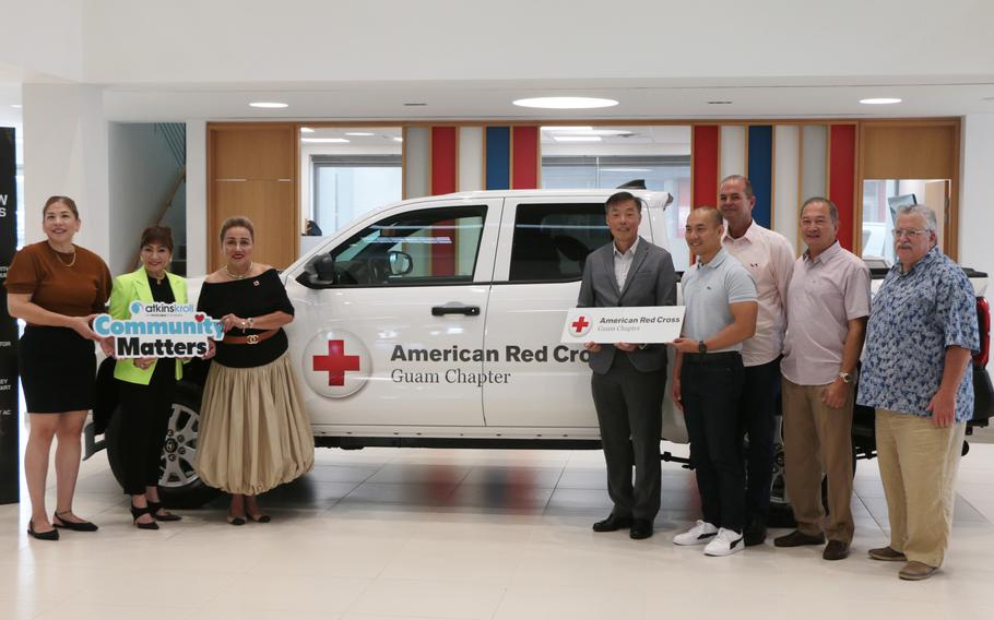 As part of Atkins Kroll’s 110th anniversary celebration, Atkins Kroll President Alex Yap presents the American Red Cross (ARC) Guam Chapter with a 2024 Toyota Tacoma on Tuesday, April 23, 2024, during a ceremony at the AK Toyota Showroom in Tamuning. Pictured from left are Marilyn Borja, Marketing Director, Docomo Pacific and ARC Board Member; Nita Baldovino, President, Rambies and Island Pharmacy and ARC Corporate Hero; Chita Blaise, Chief Executive Officer, ARC; Yap; Marcos Fong, Group Chief Executive Officer, Glimpses of Guam, Inc. and ARC Chairperson; Jim Herbert, General Manager, Five Star Wholesale and ARC Board Member; Ed Ilao, President, JMI Group of Companies and ARC Board Member; and Robert Marks, President, Hagåtña Bay Consulting Inc. and ARC Board Member.