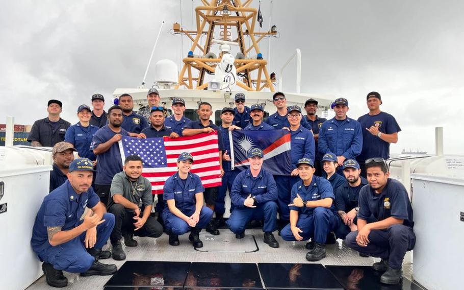 The USCGC Oliver Henry (WPC 1140) crew take a moment for a photo with members of the Sea Patrol on Feb. 22, 2024, in Majuro, Republic of the Marshall Islands. Underway in support of Operation Blue Pacific, the cutter crew showcased the effectiveness of the U.S. and RMI maritime bilateral agreement, conducting a shared patrol with shipriders emphasizing collaborative efforts in maritime safety, security, and stewardship in terms of resource protection.