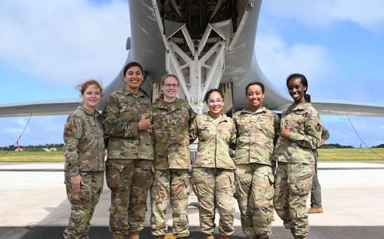 U.S. Air Force 36th Medical Group airmen pose for a group photo during B-1B Lancer during their emersion tour at Andersen Air Force Base, Guam, Feb. 10, 2025. 