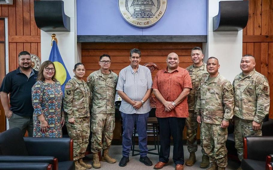 Palau President Surangel Whipps Jr., center, meets with Guam Lt. Gov. Joshua Tenorio and members of the Guam National Guard, Koror.