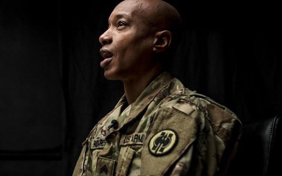 Army Sgt. Claude Richardson, an Army Reservist and suicide prevention instructor with the 358th Military Police Company, talks about his experience as an instructor during a 2018 video project hosted and organized by the 200th Military Police Command’s Suicide Prevention Program. (Photo by Army Master Sgt. Michel Sauret.)