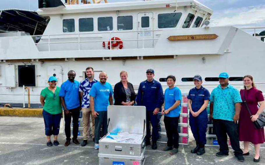 The USCGC Oliver Henry (WPC 1140) crew take on UNICEF supplies including 39 Schools-in-a-Box, 31 Early Childhood Development and two Recreation Kits so children can play and learn even during emergencies while in Pohnpei on Sept. 27, 2023. Photo courtesy by Robin Mae Magangat, U.S. Embassy Kolonia/UNICEF