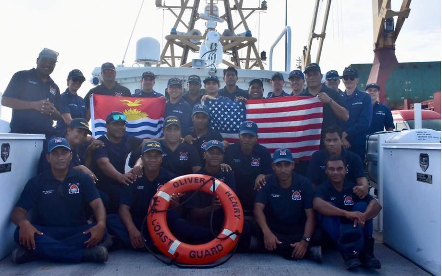 The USCGC Oliver Henry (WPC 1140) crew and shipriders from the Kiribati Police Maritime Unit (PMU) with members of the U.S. Coast Guard International Maritime Training Team stand for a photo in Tarawa, Kiribati, on Feb. 16, 2024. For the first time since 2015, the patrol incorporated shipriders from the PMU, executing the maritime bilateral agreement signed with Kiribati in 2008. These engagements under Operation Blue Pacific emphasize the United States’ commitment to strengthening ties and ensuring maritime security within the Pacific community.