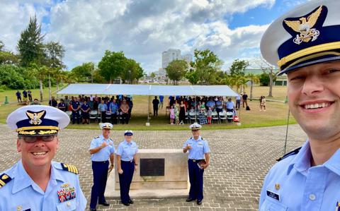 Photo Of Lt. Justin Miller, commanding officer of Marine Safety Unit Saipan, takes a selfie with assembled guests at a ceremony to formally establish MSU Saipan in Garapan at the American Memorial Park on April 5, 2024.