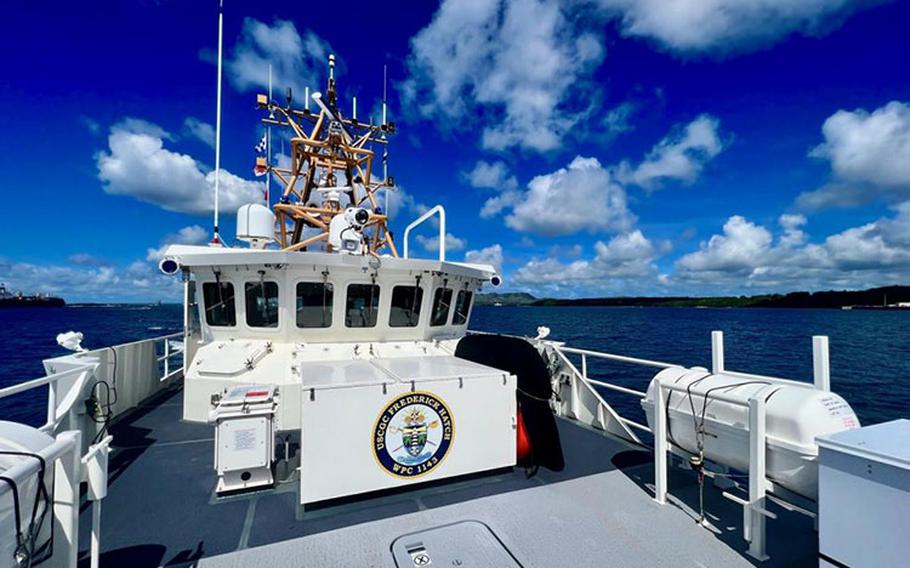 The USCGC Frederick Hatch (WPC 1143) departs Apra Harbor, Guam, on Aug. 5, 2022, for a patrol. The Hatch is a 154-foot Sentinel-class fast response cutter that calls Guam its home port. (U.S. Coast Guard photo by Chief Warrant Officer Sara Muir)