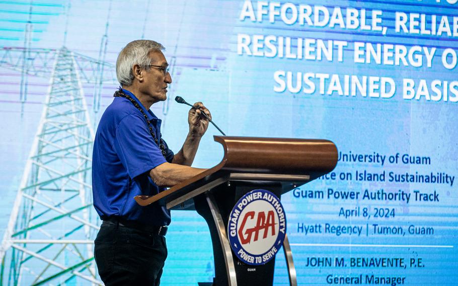 Guam Power Authority General Manager John Benevente presents to the conference-goers at the GPA Guam Clean Energy Transition Pre-conference event at the 15th University of Guam Conference on Island Sustainability. Benevente says that the island is still on track to make the goal of 100% renewable energy by 2045, even after the devastation caused by Typhoon Mawar.