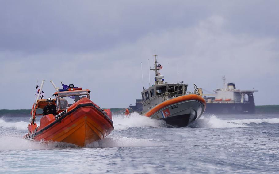 Members of the U.S. Coast Guard (USCG) Station Apra Harbor conduct a search and rescue exercise and crew exchange with members of the Korea Coast Guard (KCG) training ship KCG 3011 Badaro (바다로호) on Oct. 9, 2024, in Apra Harbor, Guam. USCG and KCG crews completed a successful week-long visit to Guam from Oct. 7 to 11, 2024, marked by shared exercises, subject matter expert (SME) exchanges, and a cultural “sports day” aimed at enhancing collaboration and fostering camaraderie between the two forces. The visit, which involved the training ship and its crew making their second-ever visit to Guam, focused on strengthening the long-standing partnership between the USCG and KCG in maritime safety and security across the Pacific region. It builds on the trilateral letter of intent signed by representatives from the U.S. Coast Guard, Japan Coast Guard, and Korea Coast Guard in May 2024 to bolster maritime cooperation.