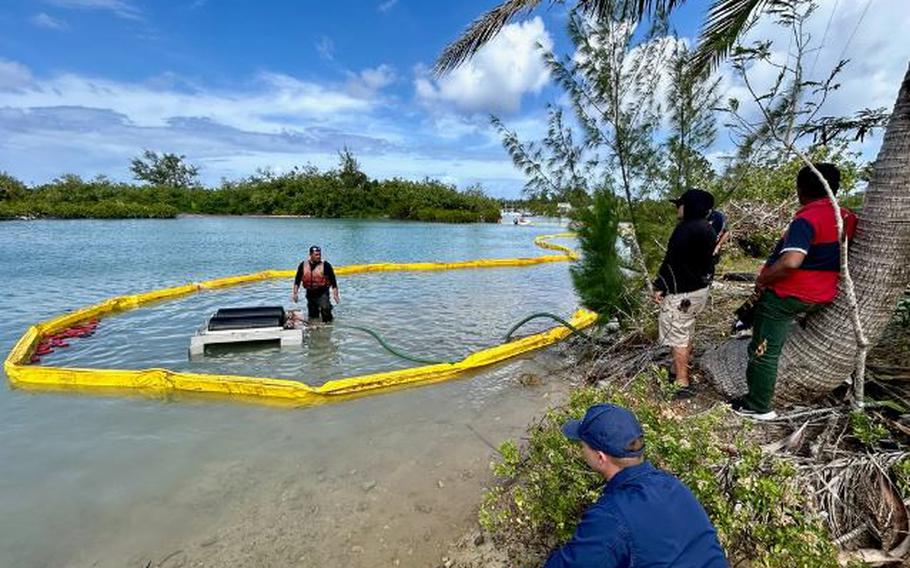 Responders deploy equipment for an oil spill response certification course required under the Code of Federal Regulations for First Responder Operations Level Training on Jan. 18, 2024, in Guam, focused on operational requirements for responding to pollution spills, particularly with oil spill recovery organizations. They deployed over 450 feet of boom and utilized equipment like drum skimmers following a geographic response strategy outlined in the Area Contingency Plan, a comprehensive strategy for responding to environmental disasters in specific geographic regions, which is important for effective preparedness and response activities.