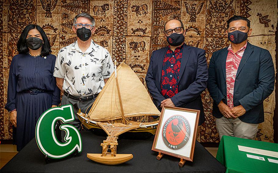 (From left) Anita Borja Enriquez, senior vice president and provost, University of Guam; Thomas W. Krise, president, UOG; Galvin Deleon Guerrero, president, Northern Marianas College; and Frankie Eliptico, vice president of administration and advancement, NMC.