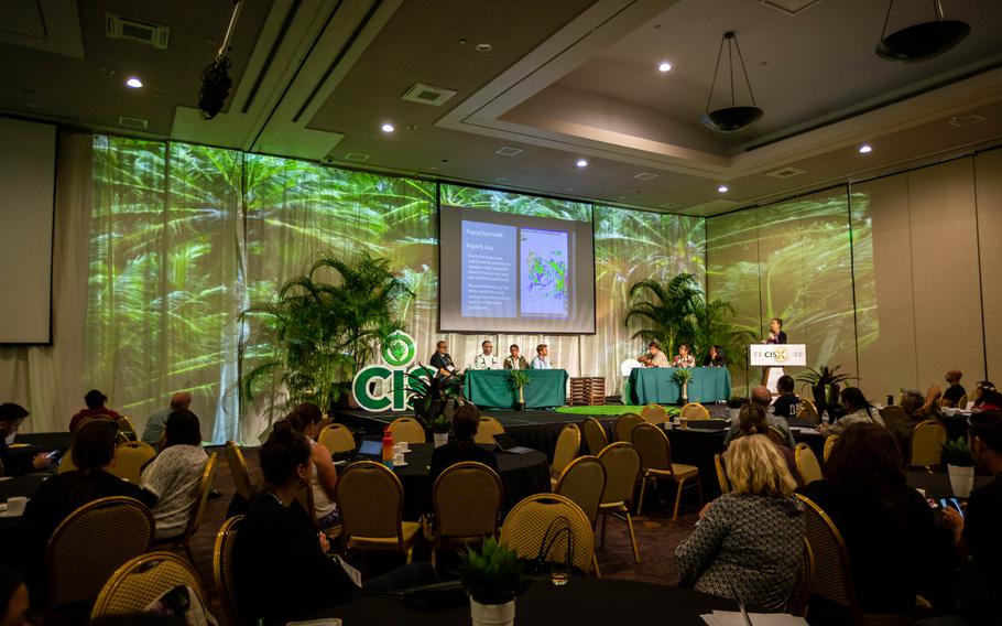 Researchers and officials take part in a panel discussion on the regional impacts of climate change at the University of Guam Conference on Island Sustainability in 2019. The conference will return to an in-person format this year, with sessions being held from April 5 through April 9 at the Hyatt Regency Guam. It will also be livestreamed. Registration is open now at uog.edu/cis2022. Photo courtesy of the University of Guam