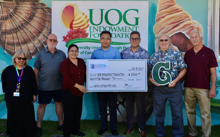 (From left) Taling Taitano, secretary; Stanley Wilson, board member, both with GSCPA; Katrina Perez, executive director, UOG Endowment Foundation; Arata Ichikawa, auditor; Jason Katigbak, board member; Jerold Filush, executive director; Dave Sanford, president, all four with GSCPA. (Photo courtesy of the University of Guam Endowment Foundation)