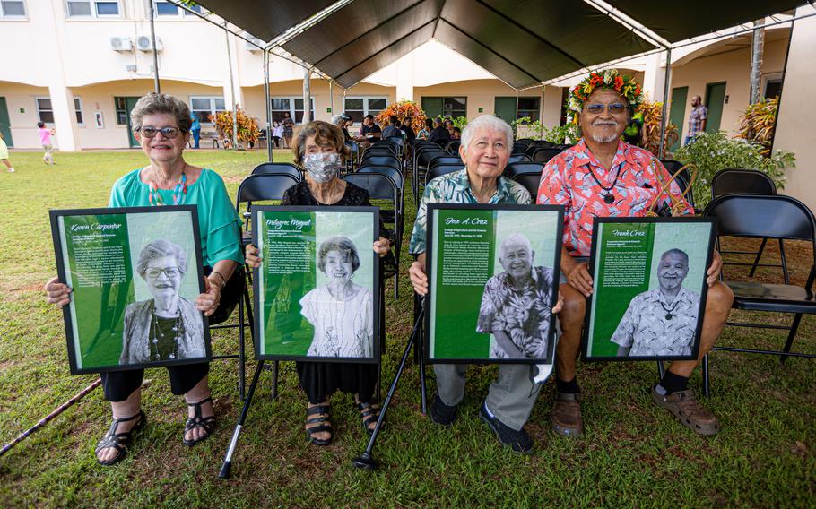 Four former employees from the UOG College of Agriculture and Life Sciences, now the College of Natural and Applied Sciences, who helped implement the land-grant system at the university, hold the photos that will hang on the Land Grant Legacy Wall in their honor. They were honored at a ceremony on June 22 on the UOG campus. (From left) Karen Carpenter; Milagros Moguel; Jose A. Cruz; and Frank Cruz. Photos courtesy of University of Guam