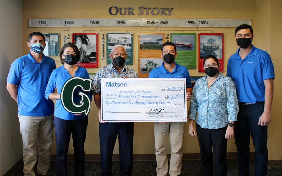 Photo courtesy of the University of Guam Endowment Foundation: (From left) Camilo Lorenzo, account executive, Matson; Bernadette “Bernie” Valencia, vice president and general manager for Guam and Micronesia, Matson; Wilfred P. Leon Guerrero, UOG Endowment Foundation chairman and UOG president emeritus; Patrick Bulaon, operations manager, Matson; Katrina Perez, executive director, UOGEF; and Stephen Gatewood, operations support, Matson.