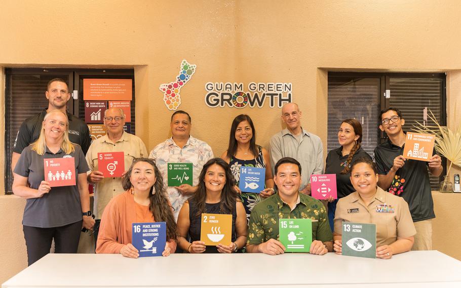 Representatives from the U.S. Environmental Protection Agency’s Region 9, including Regional Administrator Martha Guzman, seated, second from left; meet recently with Austin Shelton, Director of the University of Guam’s Center for Island Sustainability and Sea Grant, seated, third from left; and other Center staff at the G3 Circular Economy Makerspace and Innovation Hub at the Chamorro Village in Hagåtña, Guam.  Photo courtesy University of Guam