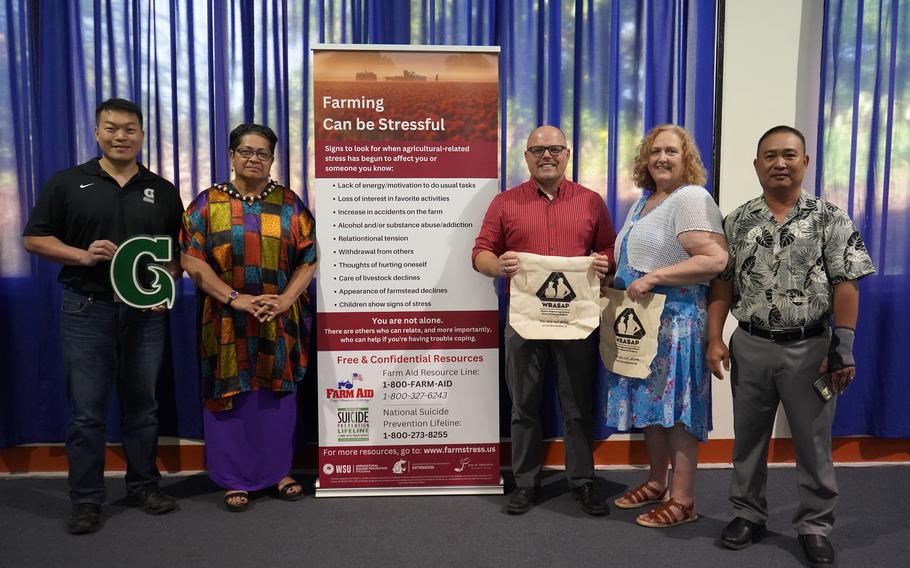 (From left) Regional partners of the Western Region Agricultural Stress Assistance Program: Dr. Kuan-Ju Chen, assistant professor and Farmer Focus Project lead, University of Guam; Dr. Theresa Koroivulaono, president, College of Micronesia-FSM; Don McMoran, project director, WRASAP; Julie Jesmer, program coordinator, WRASAP; and Steven Young-Uhk, extension director, College of Micronesia-FSM. Photos courtesy of University of Guam