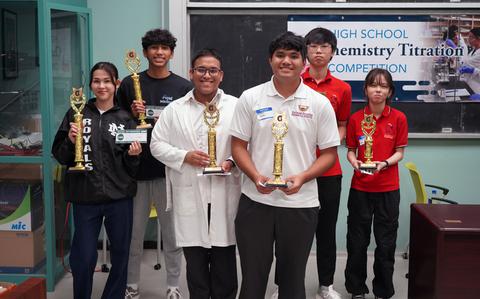 Photo Of “Best Team” award winners of the 2024 Chemistry Titration Competition on March 7 at the University of Guam. (From left) Happi-Sleepi Perez and Timothy Gumataotao (Notre Dame High School), first place; Bernard Malicsi and Vincent Sablan (Father Dueñas Memorial School), second place; and Chanju Lee and Kaori Updegrove (St. John’s School), third place.