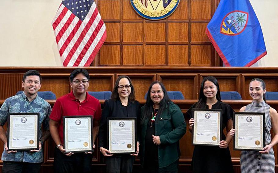 Former Vice Speaker Tina Rose Muña Barnes presented Legislative Resolution No. 616-37 to Dr. Doreen T. Crisostomo-Muña, Faculty Advisor and three University of Guam accounting students who won the Association of Government Accountants 2024 Government Finance Case Challenge.