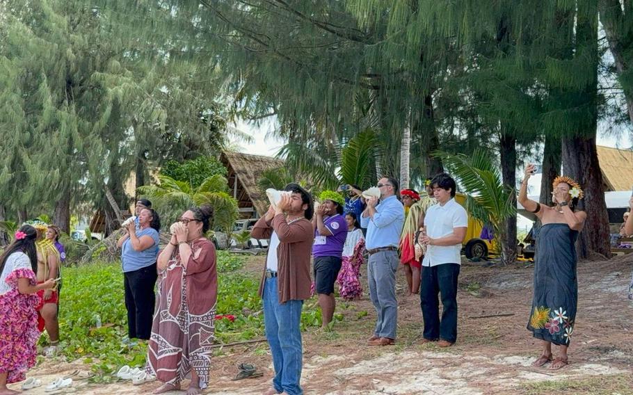 The crew aboard the Ininan Ilawol receive a warm island welcome after journeying over 100 miles to Saipan for Voyaging for Peace: Ta’hita Marianas, supported by the University of Guam Island Wisdom Council.