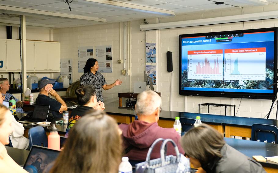 Dr. Ciemon Caballes, a senior research associate at the University of Guam’s NSF EPSCoR and assistant professor at the UOG Marine Lab, presented findings from a study during the “Guam Crown-of-Thorns Starfish Outbreak Response Strategy” workshop.