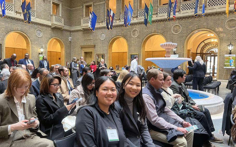 University of Guam agriculture majors Jamilee Cruz, left, and Charlene Badajos in the USDA headquarters in Washington, D.C., for the 100th Annual Agricultural Outlook Forum on Feb. 16, 2024.