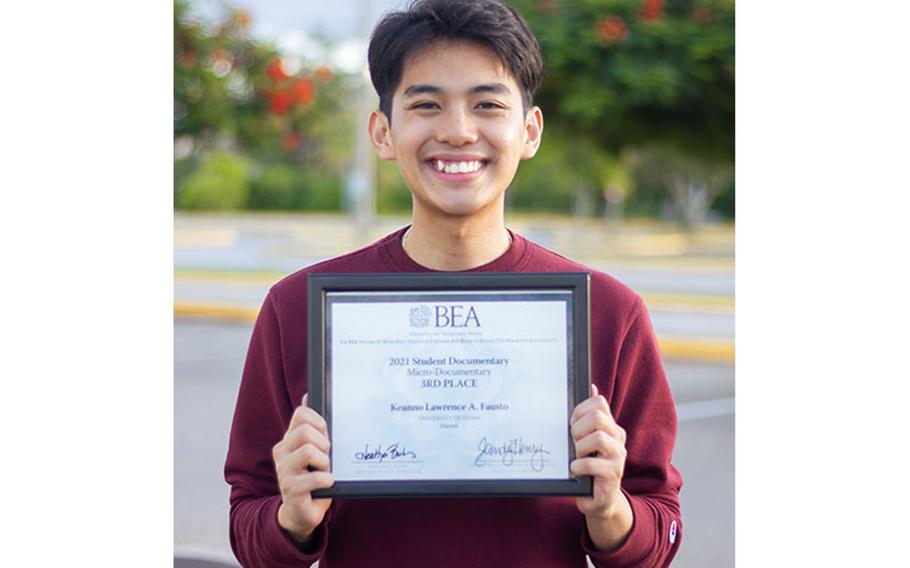 Keanno Fausto holds his 2021 BEA Festival of Media Arts Award for his documentary on a transgender woman’s journey. Photos courtesy of Keanno Fausto