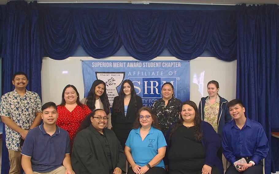 The University of Guam Society for Human Resource Management members are seen with their advisor at the Fanuchånan 2022 Mock Job Far. Front row, from left, Kolbric Diego; Denzyl Mariei Ngiralmau; Dr. Joann CE Diego, Advisor; Jamie Freita, Alvin Yambao. Back row, from left, Napu Aguon, Beatriz Arcilla, Jennifer Tanghal, Jaeslene Manibusan, Christasha Aguon, and Elina Jakl.