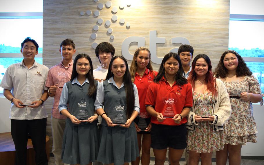 ***Photo of GTA Youth Leader Finalists from L-R: Back: Kyan Toh (FDMS), Anthony Gregoire (HCA), Andrew Kang (JFK), Sydney Packbier (SJS), Ricardo Leon Guerrero II (NDHS), Hailey Pangelinan (SSHS); Front: Amara David (AOLG), Victoria Rapadas (AOLG), Mia Lee (SJS), Lysez Santos (THS).