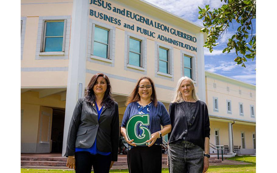 From left, Martha Suez-Sales, Chairperson of the Master of Accountancy program at the University of Guam School of Business and Public Administration; Dr. Doreen T. Crisostomo-Muña, professor of accounting; and SBPA Dean Roseann Jones gather for a photo on campus on September 8, 2022 for the launch of the first MAcc cohort.