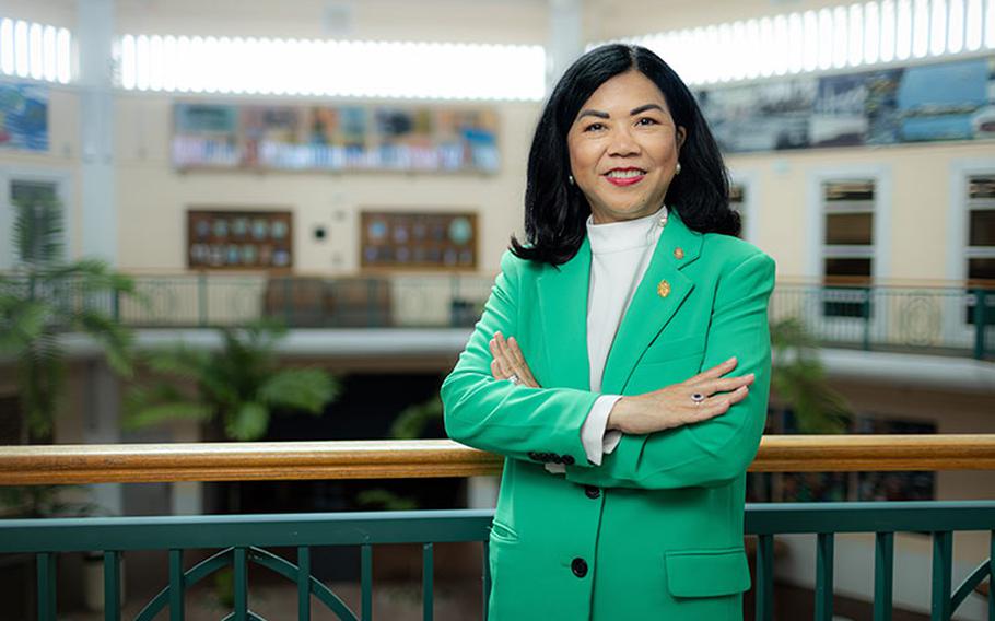 Dr. Anita Borja Enriquez, 12th president of the University of Guam, is seen in the Jesus and Eugenia Leon Guerrero School of Business and Public Administration Building in Mangilao on August 3, 2023.