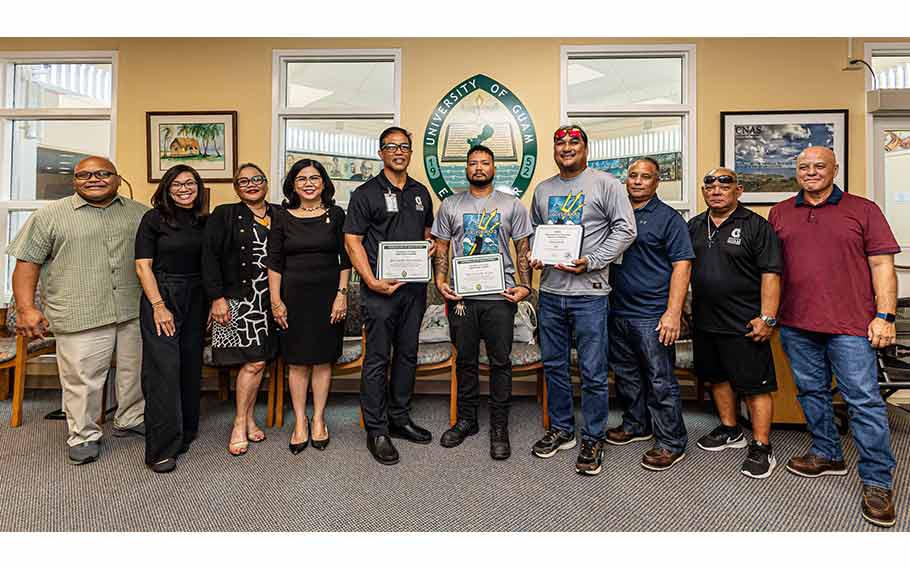 G President Anita Borja Enriquez and members of the University’s administration recently recognized newly certified HVAC Journeymen, Bert Quinata, Refrigeration Mechanic I, Tom San Nicolas, Maintenance Worker, and Paul Cruz, Maintenance Custodian.
 
From left to right: Mark Mendiola, Interim Chief of Staff; Rachel Field, Acting Vice President of Administration and Finance; Dr. Sharleen Santos-Bamba, Senior Vice President and Provost; Dr. Anita Borja Enriquez, President; Bert Quinata, Refrigeration Mechanic I;  Tom San Nicolas, Maintenance Worker; and Paul Cruz, Maintenance Custodian; John Leon Guerrero, Building Maintenance Superintendent, Edwin Villagomez, Building Maintenance Supervisor; Glenn Leon Guerrero, Director of Facilities Management and Services.