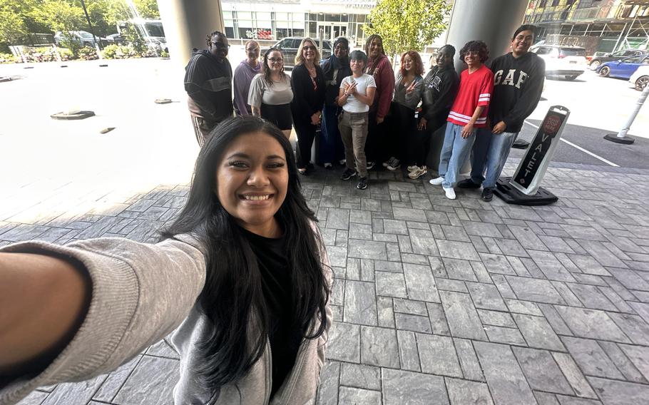 Tyra Delos Reyes, a senior business administration major at the University of Guam, takes a selfie with her fellow student leaders during pre-orientation day in New York