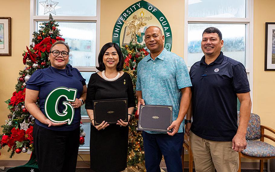 University of Guam officials signed a Memorandum of Understanding on Nov. 27, 2023, with Cabras Marine Corporation to open paid internships for qualified UOG students. From left, Dr. Sharleen Santos-Bamba, UOG Interim Senior Vice President and Provost; Dr. Anita Borja Enriquez, UOG President; Joseph L. Cruz, President, Cabras Marine Corporation; and Wayne Bigler, Human Resources Director, CMC at the signing at UOG.