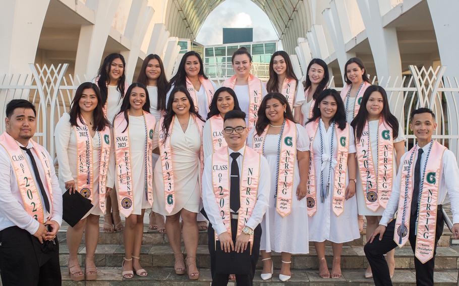 The Fañomnåkan (Spring) 2023 graduates of the University of Guam’s Bachelor of Science in Nursing program achieved a 100% pass rate after taking the National Council Licensure Exam for the first time. First row, from left, Ezechiel Palacol, Genry Topacio and Mason C. Calma. Second row, from left, Cyrene Bansil, Jasmine Quinto, Jaena Claire Cabrera, Jamila Olivares, Melody A. Reyes, Angelique L.W. Morales, and Aliya L. Fabila. Third row, from left, Joleene Mendoza, Chasnel A. Dela Cruz, Krystal Pilante, Nicole Reyes, Alexis Santos, Nan Wang, and Shelby Weilbacher.