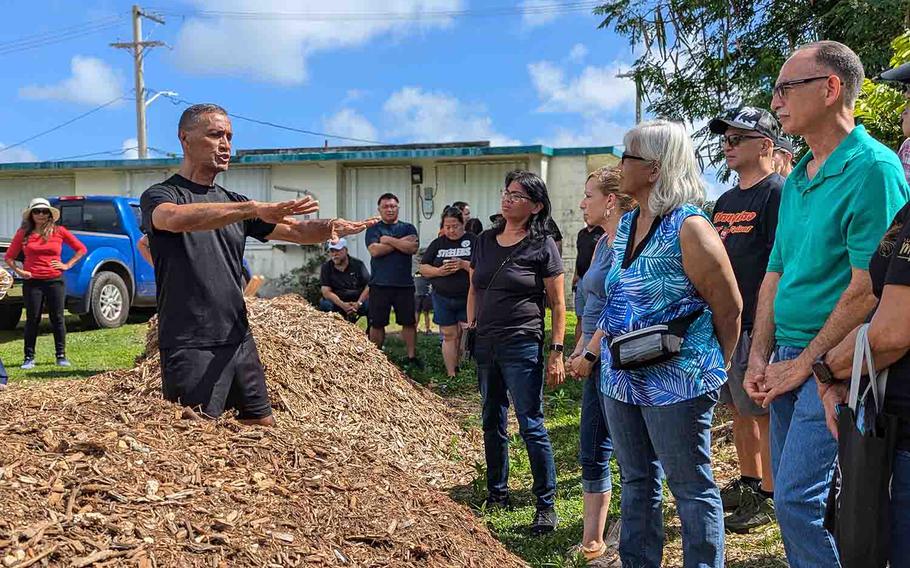 Roland Quitugua, an extension horticulturalist and arborist with UOG Land Grant, teaches community members about the benefits of using mulch in their gardens during a New Farmer Training for Small Acreages workshop in May 2024.