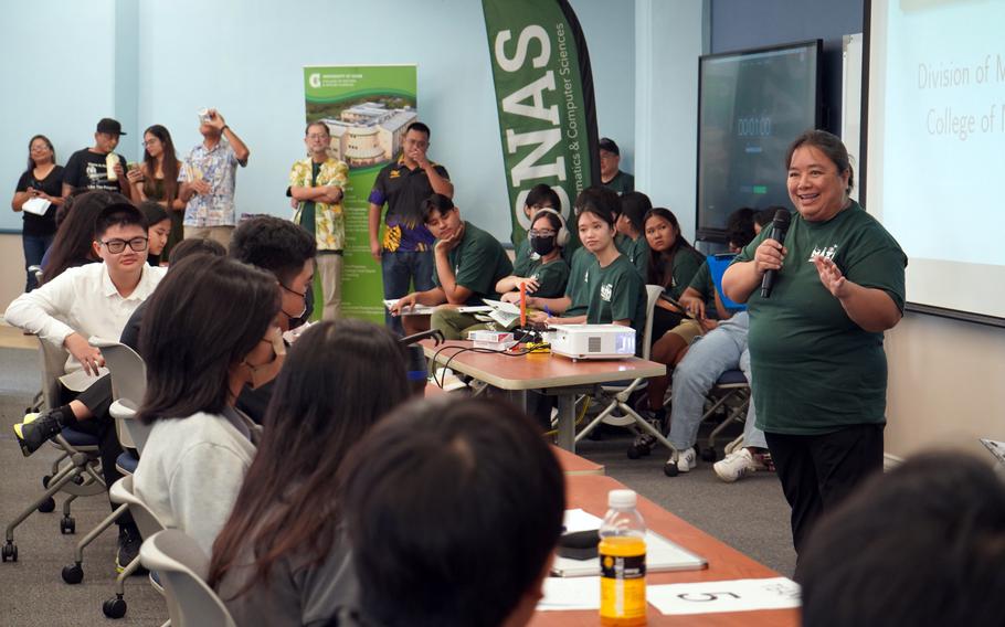 Dr. Leslie Aquino, chair of the Division of Mathematics & Computer Science at UOG, welcomes 70 middle and high school students to the 14th UOG Math Day.