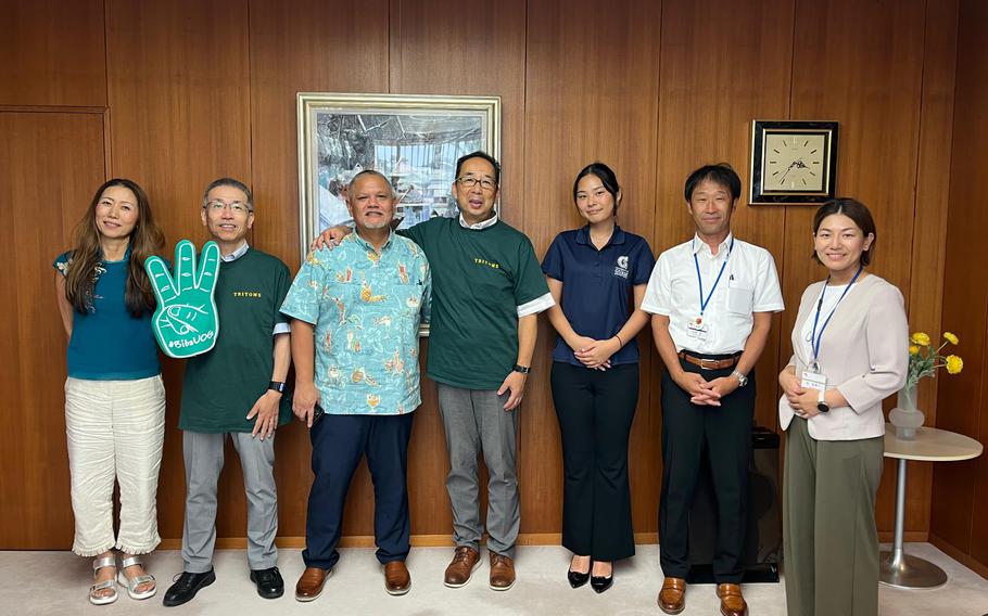 Kazue Nakamoto, Specially Appointed International Coordinator; Dr. Takanori Nomura, Vice President; Carlos Taitano, Director of Global Learning and Engagement at UOG; Dr. Mitsugi Motoyama, President; Tamara Hayashi, GLE Program Assistant; Takumi Teramoto, Manager of International Engagement; and Naoko Tei, Administrative Officer, during a meeting at Wakayama University in Japan.