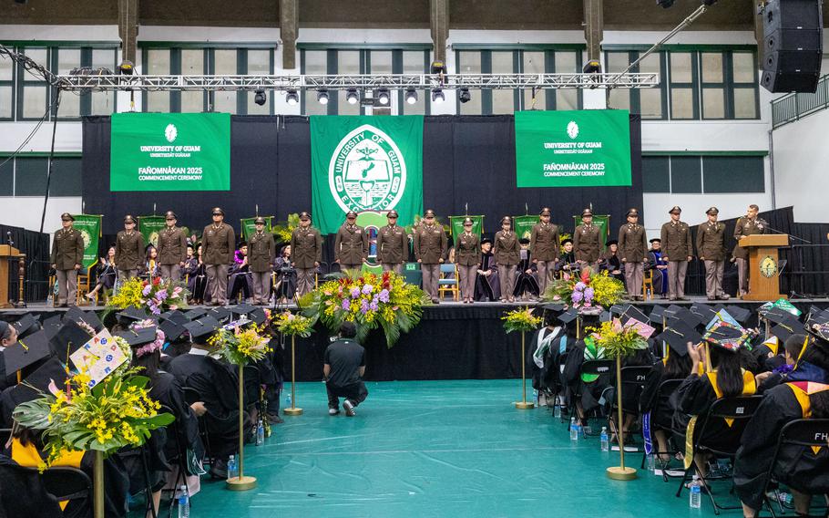 Among the graduates at the University of Guam’s Fañomnåkan (Spring) 2025 Commencement Ceremony at the Calvo Field House on May 25, were 16 newly commissioned U.S. Army officers from UOG’s Army ROTC program.