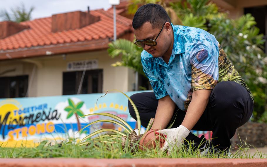 Guam Green Growth’s Jaret Castro places an ornamental in the front planter boxes at the CHamoru Village.