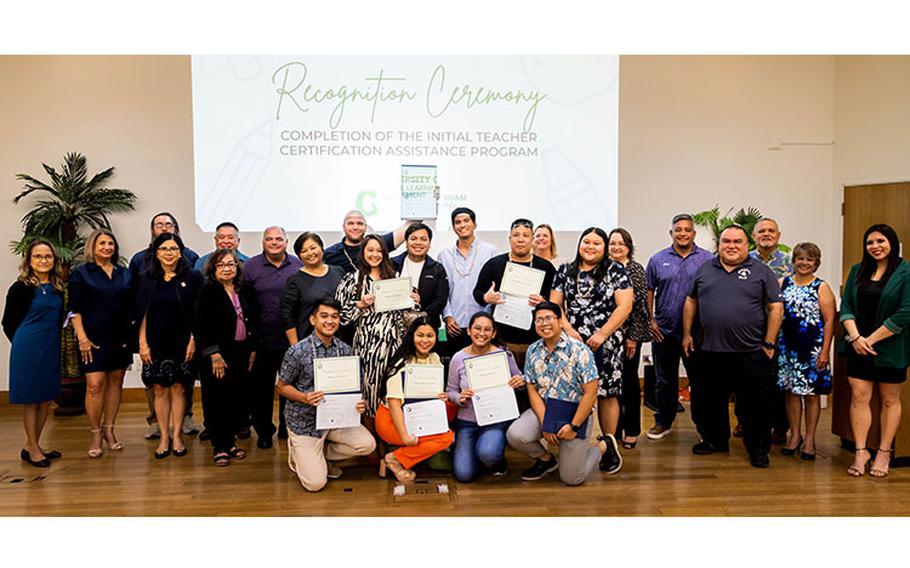 Some of the newly certified teachers attend a recognition ceremony at the University of Guam CLASS Lecture Hall on Jan. 27, 2023. Administrators from UOG and the Guam Department of Education are joined by some of the island's senators. Photo courtesy of the University of Guam