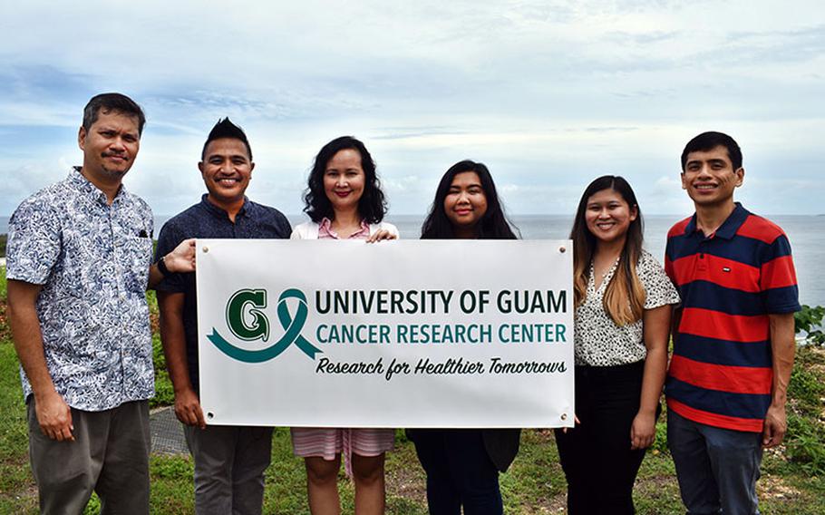 A team from the University of Guam Cancer Research Center developed the Fuetsan Manhoben Youth Substance Use Prevention Program. Using culturally grounded curriculum, the program aims to prevent e-cigarette, tobacco, and betel nut use among Guam middle school students. (From left) Francis Dalisay, co-project leader; Tim De la Cruz, co-investigator; Catherine Payne, project associate; and Gabrielle Ooka, Zhantelle Beltran, and Aaron Perez, research associates. Photos courtesy of University of Guam